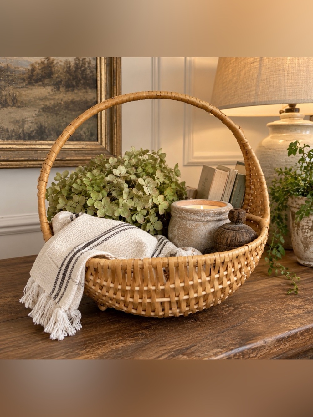 Wicker Gathering Basket with Arched Handle | Cottagecore Farmhouse Decor